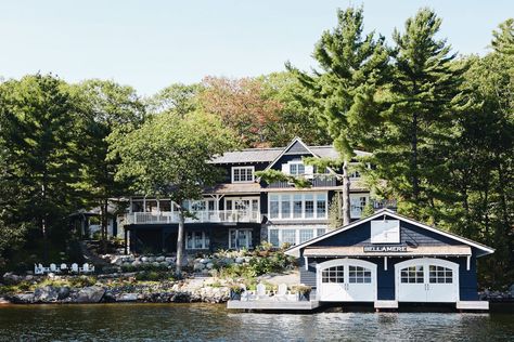 Lake Houses, Modern Cottage Exterior, Boathouse Design, Muskoka Living, Lake Muskoka, Muskoka Cottage, Lake Houses Exterior, Farmhouse Exterior Design, Modern Lake House