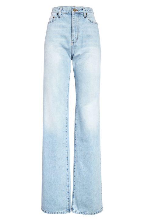 A high waist and structured straight legs cut a svelte silhouette in Italian-made jeans crafted from nonstretch denim. 35" inseam; 18" leg opening; 12" front rise; 15" back rise (size 28) Zip fly with button closure Five-pocket style 100% cotton Dry clean Made in Italy Women's Designer Clothing | Saint Laurent Janice High Waist Straight Leg Jeans Jeans Women Outfit, Dior Jeans, Blue Straight Leg Jeans, High Waist Straight Leg Jeans, Saint Laurent Jeans, High Waisted Jeans Vintage, Book Clothes, Long Jeans, Clear Sky