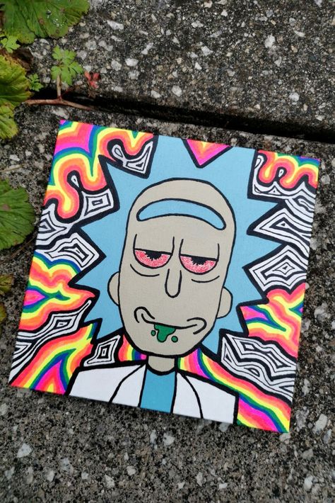 Tela, High Rick And Morty Paintings, Cool Rick And Morty Paintings, Trippy Painting Acrylic, Rick Sanchez Painting, High Art Trippy, Rick Morty Painting, Rick And Morty Acrylic Painting, Drawings To Hang In Your Room