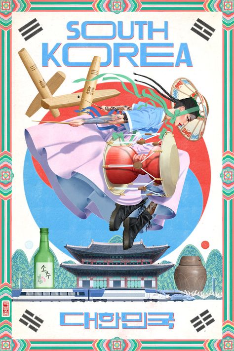 Jason Raish Illustration - South Korea Travel Poster Logos, South Korean Graphic Design, Korean Ads Poster, South Korea Illustrations, Korean Poster Design Graphics, Korea Art Illustration, Korean Design Graphics, Korea Infographic, Korean Poster Design