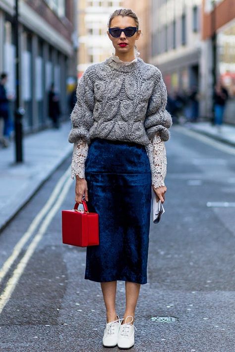 31 Outfit Ideas for All 31 Days in December #purewow #outfit ideas #winter #shopping #shoppable #street style #style #fashion Cable Knit Sweater And Skirt Outfit, Cobalt Sweater Outfit, Soho Street Style, Skirts And Sweaters Outfit, Red Knit Sweater Outfit, Cobalt Blue Outfits, Jumper Outfit Ideas, Blue Midi Skirt Outfit, Blue Skirt Outfit