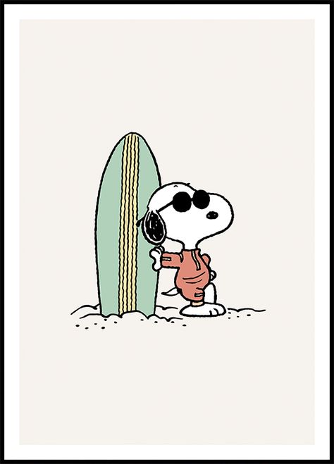 Snoopy in sunglasses by a surfing board.

Graphical illustration of Snoopy on the beach in a red wetsuit, and black sunglasses looking out for the perfect wave, leaning on his green surfboard. Combine this poster with the "Snoopy Eating Ice Cream" poster and the "Snoopy on the Beach" poster to create a cute and beachy gallery wall.

The poster is printed with a white margin around the image to frame the design nicely.

Contains a small legal line in the bottom left corner. Woodstock Snoopy, Snoopy Images, Snoopy Wallpaper, Eating Ice, Snoopy Pictures, Snoop Dog, Joe Cool, Plakat Design, Poster Store