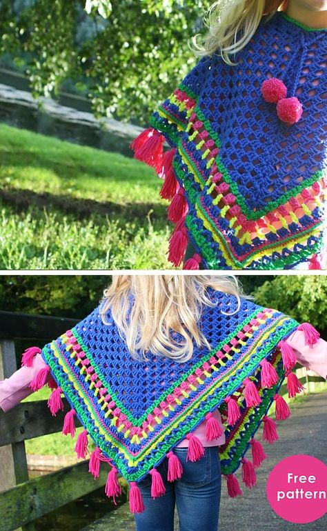 Kids Poncho Crochet Free Pattern Girls Poncho Crochet Pattern Free, Crochet Useful Items, Girls Poncho Crochet Pattern, Crochet Useful, Kids Poncho Pattern, Crochet Poncho Patterns Kids, Crochet Poncho Kids, Crochet Heart Blanket, Crochet Baby Poncho