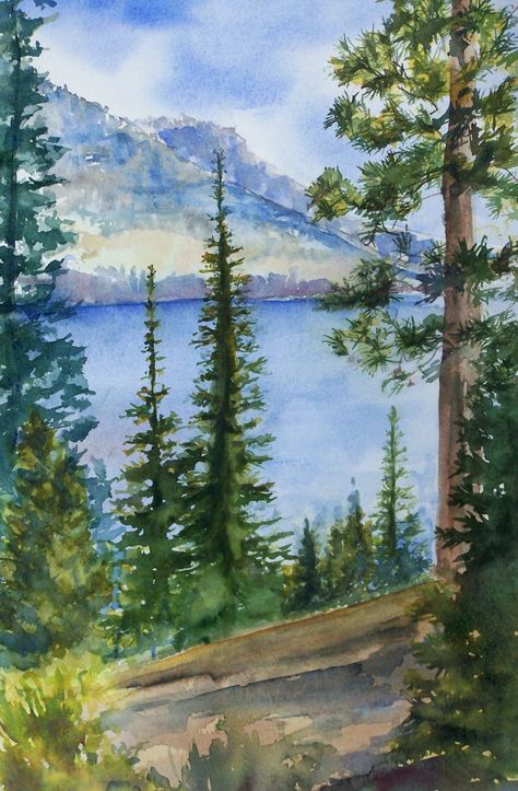 Watercolor Painting Tree, Intermediate Watercolor Paintings, Winter Lake Painting, Lake Painting Ideas, Lake Sketch, Watercolour Lake, Lake Watercolor Painting, Mountain Lake Painting, Lake Paintings