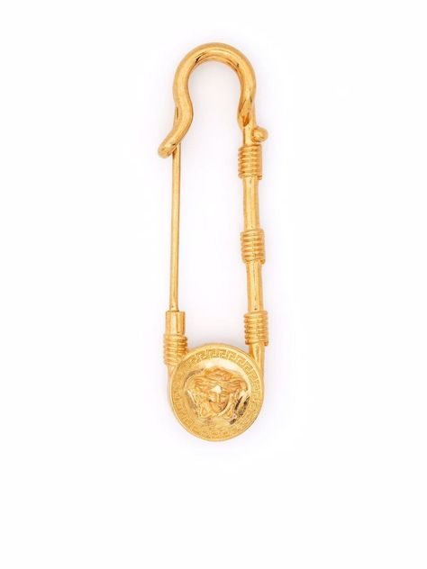 Gold-tone metal Medusa safety pin from VERSACE featuring Medusa Head motif and safety pin detail. Versace Safety Pin, Upcycling Jeans, Elephant Fashion, Moschino Teddy Bear, Oversized Hat, Face Brooch, Safety Pin Brooch, English Phonics, Versace Jewelry