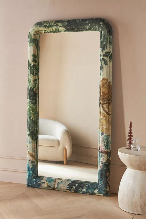 Anthropologie's Spring Collection Is Full of Upholstered Surprises | domino Unique Floor Length Mirror, Unique Floor Mirror, Oversized Mirror Entryway, Ethereal Home Decor, Mirror Anthropologie, Interiors 2023, Bauhaus Interior, Dune Series, Mirror Floor