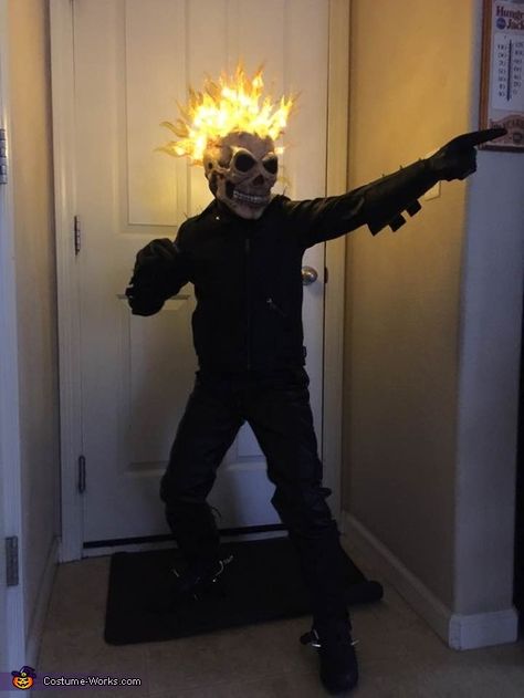 Denise: My grandson wanted to be Ghost Rider. He liked the character on a lego video game and asked me if I could make it. I said I'll try!!! So here... Halloween Costumes For Boys 10-12, Scary Monster Costume, Diy Halloween Costumes For Boys, Boys Scary Halloween Costumes, Halloween Costumes Boys, Ghost Costume Kids, Ghost Rider Costume, Light Up Halloween Costumes, Boys Halloween Costumes