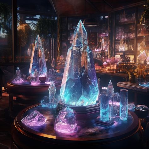 photograph magic restaurant, ether, high resolution, high quality, photorealistic, hyperealistic, detailed, crystals, quartz, potions, nature, fantasy Crystal Magic Fantasy Art, Trier, Magic Artifacts Concept Art, Magic Tower, Mists Of Avalon, Crystal Kingdom, Mid Journey, Three Witches, World Mythology