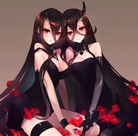 Beauty Twin Demons - flowers, beautiful, twins, art, pretty, beauty, anime, female, lady, woman, red eyes, horns, black, long hair, cute, lovely, anime girl, red rose, black hair, girls, dress Moe Anime, Anime Monsters, Choker Dress, Art Videos Tutorials, Anime Backgrounds Wallpapers, Demon Girl, Kantai Collection, It Goes On, Illustration Girl