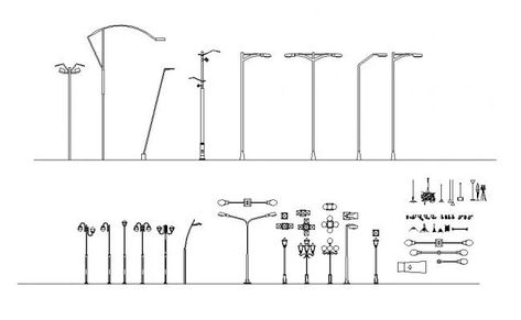 Multiple street light poles and light lamps blocks cad drawing details dwg file Light Pole Drawing, Street Light Tattoo, Street Light Drawing, Shadow Architecture, Lamp Tattoo, Electrical Cad, Drawing Details, Section Drawing, Street Lighting