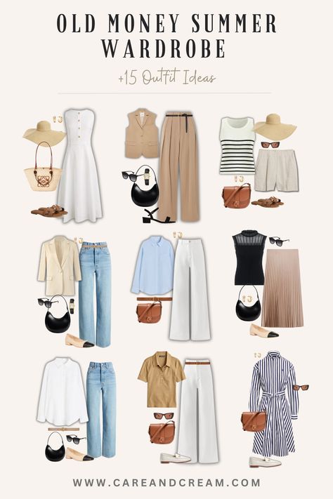 Summer Office Aesthetic, Old Money Style Women Outfits, Old Money Outfit Capsule, Timeless Outfit Ideas, Old Money Style Essentials, Old Money Beach Wear, Old Money Aesthetic Modest, Preppy Capsule Wardrobe Summer, Old Money 2024 Outfits