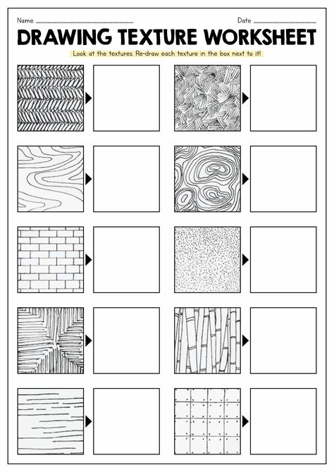 Drawing Texture Worksheet Texture Art Lessons For Grade 2, Texture Worksheet Art, Art And Craft Worksheet, Texture Elementary Art Lesson, Elements Of Art Texture Projects, Teaching Texture In Art, Drawing Class Ideas Teaching, Art Show Setup Ideas, Elementary Art Texture Lesson