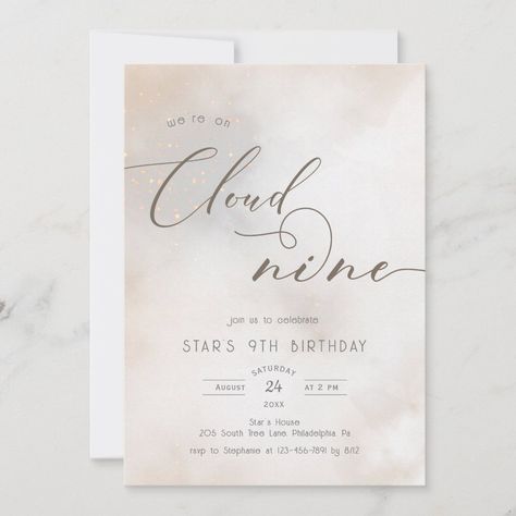 This elegant and whimsical invitation is perfect for the new theme "on cloud 9." It features  a watercolor cloud background, and script swirly text. On Cloud 9 Theme Party, Cloud Background, Watercolor Clouds, Wedding Shower Invitations, 9th Birthday, Baby Shower Theme, Cloud 9, New Theme, Theme Party