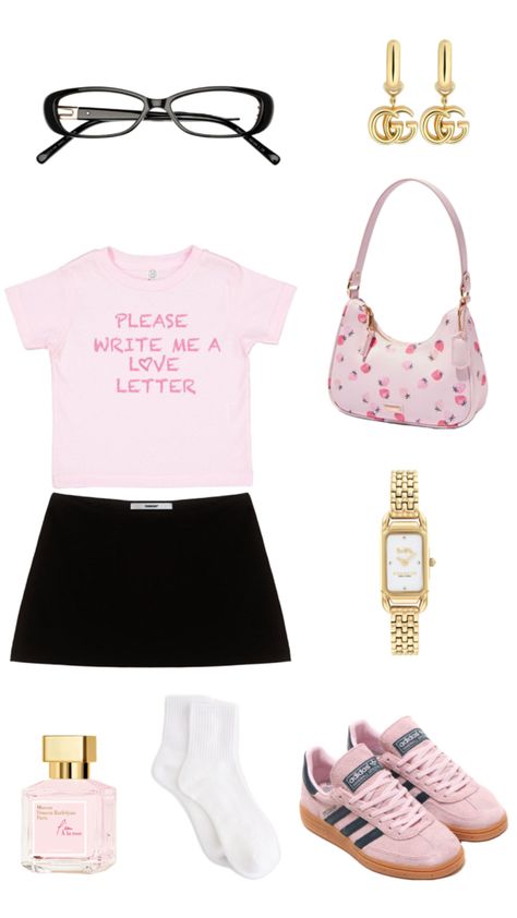 Pink Adidas Outfit, Pink Sambas, Pink Coquette Outfit, Sambas Black, Coach Strawberry, Strawberry Purse, Pink Top Outfit, Bayonetta Glasses, Skirt And Top Outfit
