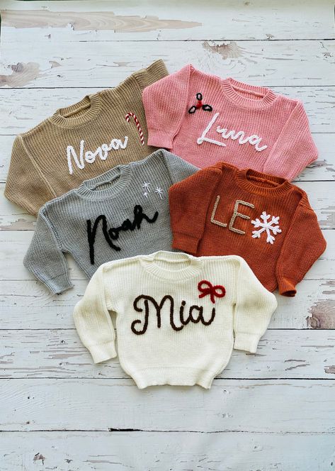 Name Sweater Baby, Embroidered Name Sweater, Baby Name Sweater, Baby Knit Sweater, Name Sweater, Sweater Diy, Monogram Sweater, Mink Colour, Baby Mobiles