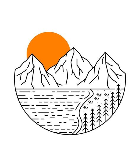 mono line design of mountain and lake views at sunrise Lake Embroidery, Embroidery Simple, Mountain And Lake, Embroidery Template, Lake View, Line Design, Vector Free, Lake, Clip Art