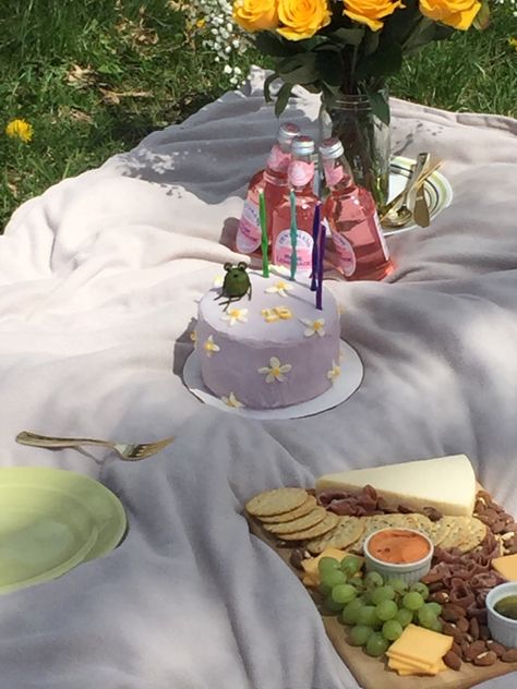 Simple Picnic Birthday Ideas, Birthday Picnic Simple, Simple Birthday Picnic Ideas, Purple Picnic Aesthetic, Simple Birthday Picnic, Purple Birthday Aesthetic, Aesthetic Frog Cake, Pinterest Picnic, Purple Picnic