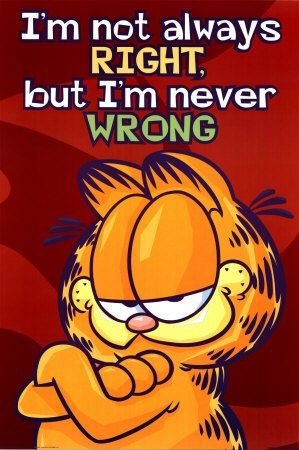 I'm not always RIGHT, but I'm never WRONG Garfield Quotes, Garfield Wallpaper, Garfield Images, Garfield Pictures, Garfield Cartoon, Not Always Right, Friday Vibes, Garfield Comics, Garfield And Odie
