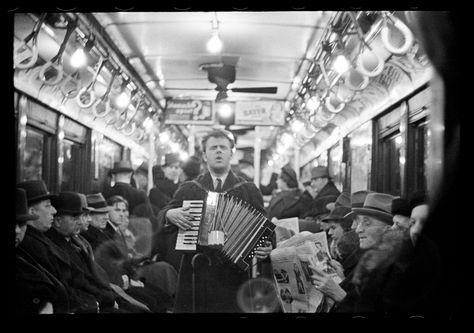 Walker Evans  _  February 1938 _ View Down Subway Car with Accordionist Performing in Aisle, New York City _ _ _ Walker Evans Archive, The Metropolitan Museum of Art David Lachapelle, Vivian Maier, Walker Evans, Famous Street Photographers, Walker Evans Photography, Lee Friedlander, A Level Photography, New York City Photos, Negative Numbers