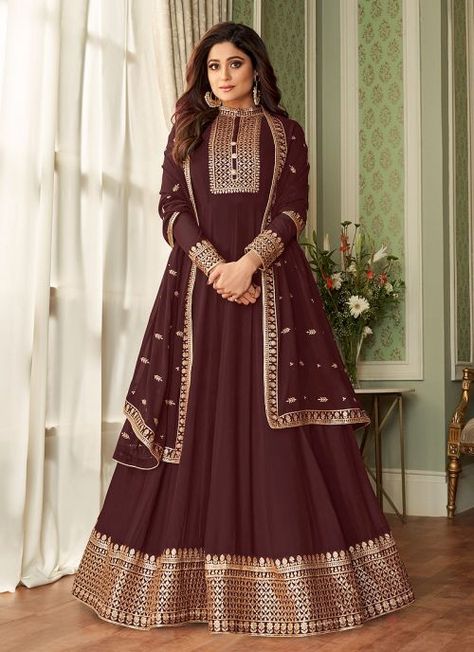 Brown and Gold Embroidered Anarkali Floor Length Kurti, Long Anarkali Gown, Shamita Shetty, Party Wear Gowns, Floor Length Anarkali, Long Anarkali, Gown Party Wear, Party Wear Gown, Indian Wedding Wear