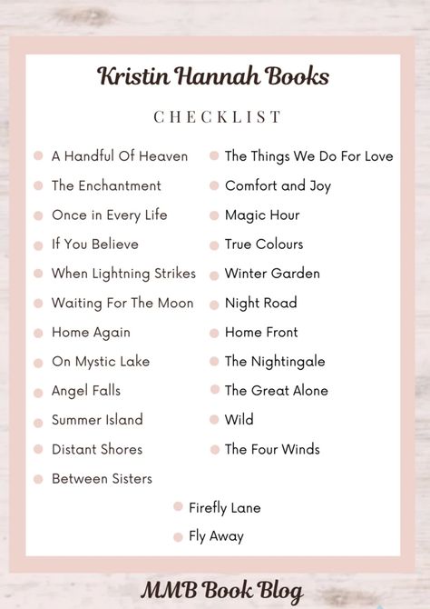 Kristin Hannah Books In Order, Kristen Hannah Books, Freida Mcfadden Book Checklist, Kristin Hannah Books, Kristen Hannah, Liane Moriarty Books, Book List Printable, Elin Hilderbrand Books, Book Checklist