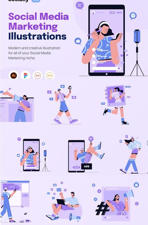 Social Media Marketing Illustration, Illustrator Social Media Post, Corporate Style Illustration, Vector Social Media Post, Social Media Design Illustration, Social Media Post Illustration, Influencer Illustration, Corporate Memphis, Ux Design Presentation