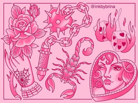 Old School Tattoo Flash Sheet, Anti Valentines Day Tattoo, Valentines Day Traditional Tattoo Flash, Y2k Flash Tattoo, Valentines Flash Sheet, Pink Tattoo Flash, Valentine Tattoo Flash, Neotraditional Tattoo Flash Sheet, Valentines Tattoo Designs