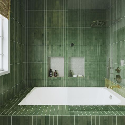 Merola Tile Phoenix Green 1-7/8" x 17-3/4" Porcelain Floor and Wall Tile - Bed Bath & Beyond - 40234728 Green Terrazzo Bathroom, Dark Green Tile, Bathroom Tub Shower Combo, Dark Green Bathrooms, Green Subway Tile, Green Tile Bathroom, Bathroom Tub Shower, Subway Tiles Bathroom, Fireplace Tile Surround