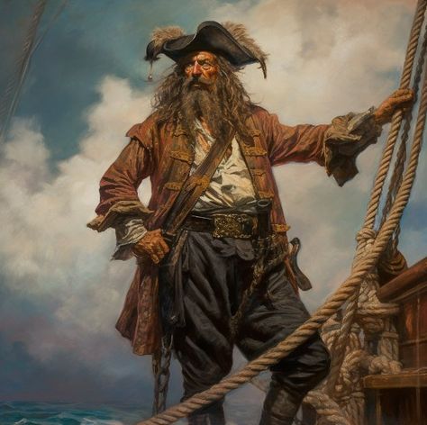 One famous pirate from history is Blackbeard, whose real name was Edward Teach. He was a notorious English pirate who operated in the West Indies and along the eastern coast of the American colonies during the early 18th century. Blackbeard is known for his fearsome appearance, with a long black beard and a habit of wearing burning fuses in his hair during battle to intimidate his enemies. Blackbeard The Pirate, Real Pirates Pictures, Mtg Pirate, Pirates Artwork, Dnd Pirate Art, Pirate Painting, Pirates Art, Real Pirates, 18th Century Art