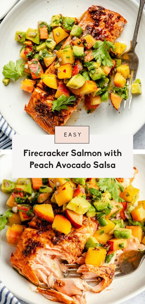 Delicious sweet and spicy firecracker salmon topped with a wonderful, fresh peach avocado salsa. This firecracker salmon recipe can be baked or grilled for a healthy weeknight meal that everyone will love! Serve with your favorite sides, rice, quinoa or even in tacos. Firecracker Salmon Recipes, Ambitious Kitchen Recipes, Firecracker Salmon, Salmon Soy Sauce, Grilled Salmon Recipes, Peach Salsa, Ambitious Kitchen, Healthy Weeknight Meals, Salmon Avocado