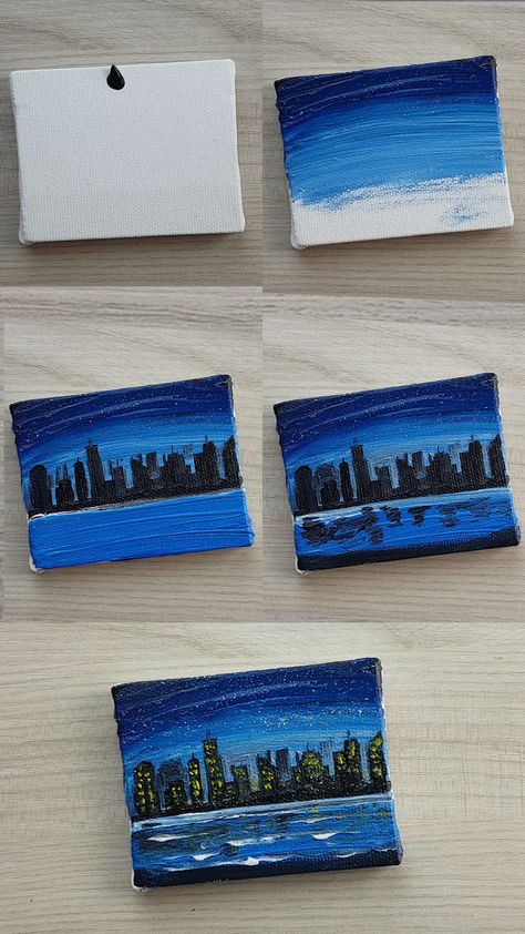 Cityscape Mini Painting, Tiny Canvas Art, Tiny Canvas Painting, Art Sketches Doodles, Handmade Canvas, Small Canvas Paintings, Abstract Flower Art, Diy Watercolor Painting, Canvas Drawings