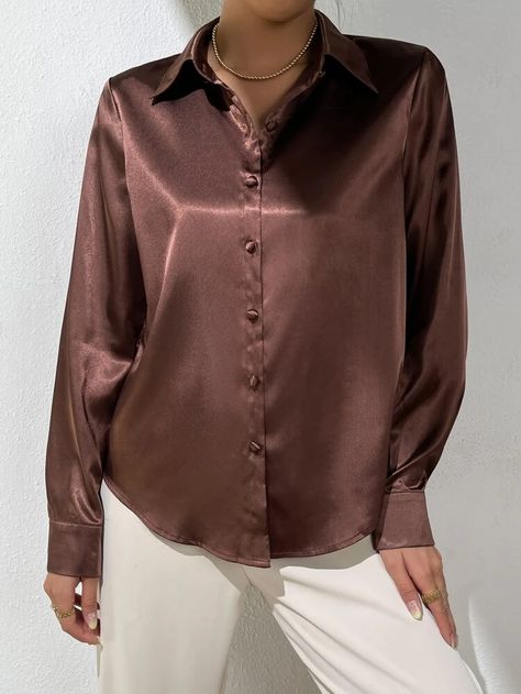 SHEIN BIZwear Solid Button Front Satin Shirt | SHEIN USA Brown Satin Blouse Outfit, Brown Satin Shirt Outfit, Satin Button Down Shirt Outfit, Button Down Shirt Outfit Casual, Satin Shirt Outfit, Satin Blouse Outfit, Satin Button Down Shirt, Satin Shirts, Hijabi Fits