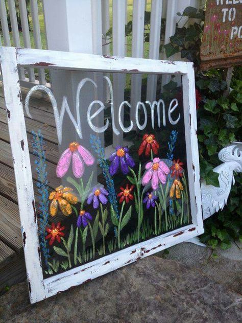 Upcycled Windows, Stained Windows, Funny Garden Signs, Greenhouse Window, Making Dough, Old Window Projects, Painted Windows, Painted Crafts, Repurposed Windows