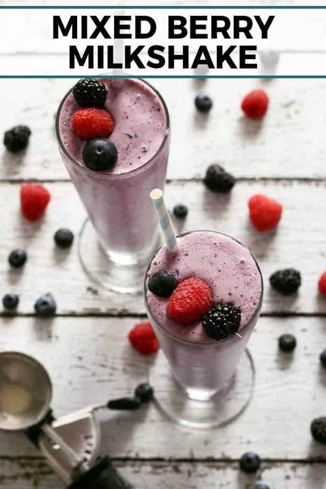 This mixed berry milkshake is easy to make and a great way to use up summer's bounty of berries. You can use any berries you want - raspberries, blackberries, blueberries or strawberries. It will taste delicious each time! Berry Shake Recipes, Berry Milkshake, Fruit Milkshake, Strawberry Protein Shakes, Milkshake Recipe Easy, Feast Recipes, Homemade Milkshake, Magic Bullet Recipes, Weight Watcher Smoothies