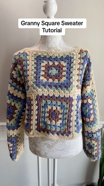 Lara Serbousek on Instagram: "This granny square sweater is a great stash busting project to use leftover scrap yarn. #crochetsweater #grannysquaresweater #grannysquarefashion #grannysquareclothing #crochetfashion #crochetaddict #crochet #grannysquare" Scrap Yarn Crochet Sweater, Scrap Crochet, Square Sweater, Granny Square Haken, Sweater Tutorial, Scrap Yarn Crochet, Granny Square Sweater, Granny Square Crochet Patterns Free, Scrap Yarn