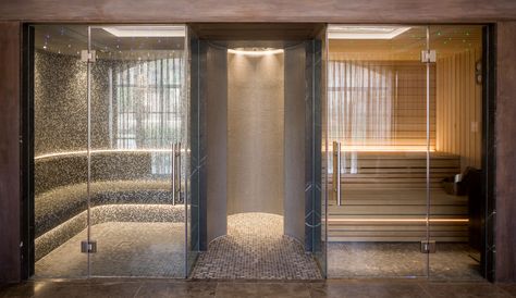 Bespoke grey beautiful spa, with sauna steam room and shower Home Steam Room, Steam Room Shower, Luxury Spa Bathroom, Indoor Swimming Pool Design, Home Spa Room, Sauna House, Indoor Pool Design, Spa Interior Design, Sauna Steam