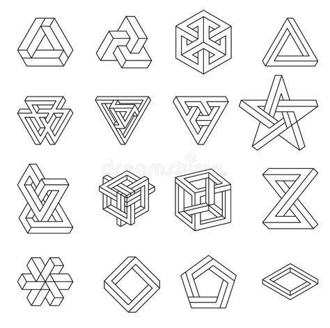 Illustration about Set of impossible shapes. Optical Illusion. Vector Illustration isolated on white. Sacred geometry. Black lines on a white background. Illustration of design, outline, geometry - 169581778 Easy Digital Art Ideas, Typographie Logo, Impossible Shapes, Optical Illusion Tattoo, Optical Illusion Drawing, Sacred Geometry Patterns, Illusion Drawings, Graph Paper Art, Geometric Drawing