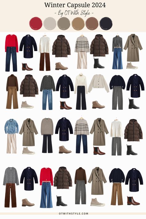 This winter, I created a seasonal capsule wardrobe in a classic casual style. The capsule contains my wardrobe staples alongside my winter essentials using brown, red and navy palettes. Black White Brown Capsule Wardrobe, 2024 Winter Capsule Wardrobe, Capsule Winter Wardrobe 2023, Winter 2024 Capsule Wardrobe, Capsule Wardrobe 2023 Fall/winter, Winter Capsule Wardrobe 2024, Deep Winter Outfits Capsule Wardrobe, Cool Winter Wardrobe, Brown Capsule Wardrobe