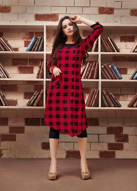 #red #black #checks #print #rayon #kurti | red and black checks kurtis | printed rayon kurtis | rayon fabric kurti | full sleeve | fancy wear | casual wear | Checks Kurti Designs Latest Cotton, Check Print Kurti Designs, Checks Kurti Designs, Check Print Dress, Checks Print, Sheath Dresses Work, Latest Kurti Designs, Printed Kurti Designs, Rayon Kurtis