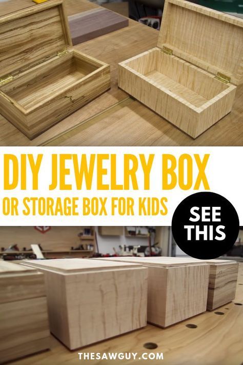 Check out our tutorial on how to make a simple wooden box using only construction-grade plywood. It's a simple and straightforward woodworking project. See our step-by-step tutorial after the jump. #thesawguy #DIYjewelrybox #DIYstoragebox #woodenstoragebox #woodenjewelrybox #DIYgiftideas #DIYprojects #DIYhome #funDIYstuff #thingstomakeandsell #etsyideas Easy Plywood Projects, Making Small Wooden Boxes, Dnd Woodworking, Wooden Box Plans, Small Wooden Projects, Diy Jewelry Box, Wood Box Design, Diy Wood Box, Wooden Box Diy