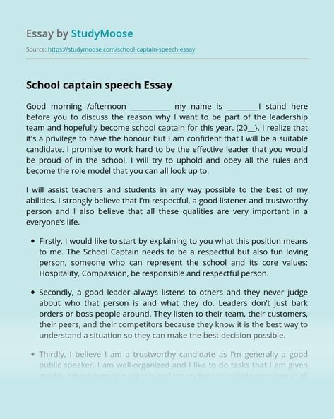 School captain speech Free Essay Example Inspirational Speech For Students, Student Council Speech Examples, Student Council Speech, School Captain, Student Council Posters, Student Council Campaign, Essay Writing Examples, College Essay Examples, Student Leadership