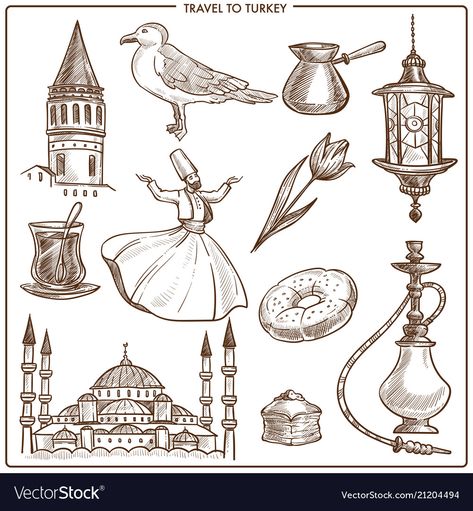 Turkish Drawing, Drawing Istanbul, Drawing Turkey, Turkish Symbols, Turkey Drawing, Travel Symbols, Turkey Tourism, Turkish Mosque, Mosque Istanbul