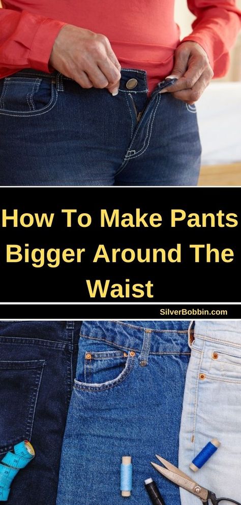 You can make your pants bigger around the waist using either stretching or sewing techniques. The easiest way to widen the waistband of your pants is to stretch the fabric to make it looser. You can also make more permanent alterations with scissors and a sewing machine. Elastic Waisted Pants, How To Make Pants Waist Bigger, Pant Waist Alteration, Making Pants Waist Bigger, Diy Jean Waist Alterations, Expanding Waist On Jeans, How To Adjust Waist On Pants, Jeans Alterations Waist, Let Out Pants Waist