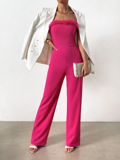 Hot Pink Jumpsuit Wedding, Jumpsuit Outfit With Blazer, Hot Pink Suits Women, Pink Jumpsuit Formal, Hot Pink And White Outfit, Hot Pink Jumpsuit Outfit, Pink Jumpsuit Outfit Classy, Hot Pink Suit Women, Hot Pink Birthday Outfit