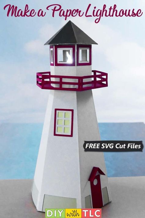 You can make your own 3D paper lighthouse to decorate your paper village | #diy #cricut #paper #paper_crafts #lighthouse #belanger #belanger_park #light_house #free_svg Cartonnage, Paper Lighthouse, Cajas Silhouette Cameo, Diy Lighthouse, Paper Village, Lighthouse Crafts, 3d Templates, House Template, Paper Light