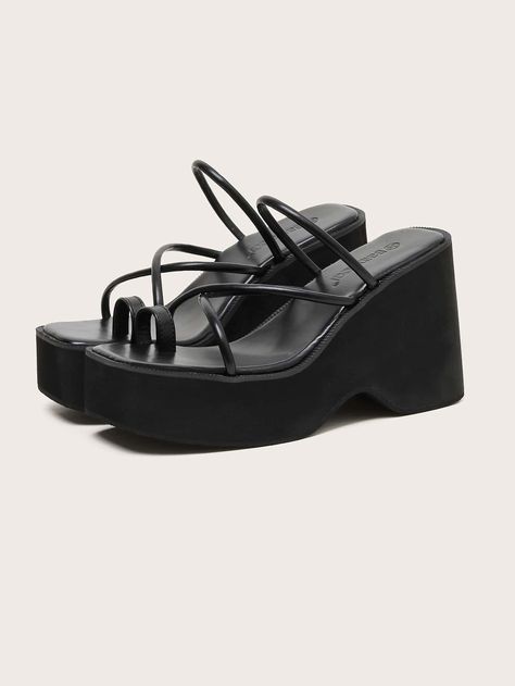 Black Punk Collar   Plain Wedges Slide Sandals Embellished   Women Shoes Platform Thong Sandals, Toe Ring Designs, Dr Shoes, Black Platform Sandals, Fashion Shoes Sandals, Black Platform Heels, Gogo Boots, Sandals Fashion, Fancy Shoes