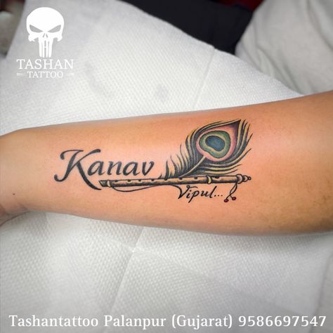 TashanTattoo
AshokTattooWala
S.4.5,Tirupati plaza
Opp. New bus stand
Near gd modi collage
Palanpur (gujrat)
9586697547
9687533310 Name Tattoo With Feather, Peacock Feather With Name Tattoo, Radhe Radhe Tattoo Design, Morepankh Tattoo, Krishna Tattoos, Peacock Feather Tattoo Design, Peacock Tattoo Designs, Peacock Feather Drawing, Flute Tattoo