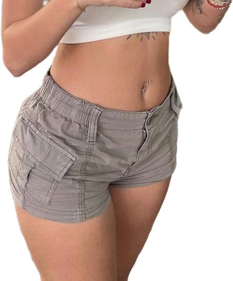 Women Cargo Shorts Elastic Low Waist Pocket Shorts Y2k Egirls Slim Fitted Shorts Vintage Harajuku Streetwear (Gray, S) | Amazon.com Women Cargo Shorts, Cargo Shorts Outfit, Y2k Aesthetic Outfit, Shorts Y2k, Cargo Shorts Women, Fitted Shorts, Ladies Shorts, Y2k Outfit Ideas, Shorts Outfits Women