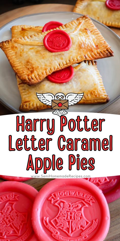 Harry Potter received his Hogwarts letter and you can too! Well, you can have the caramel apple pie version of his letter! These Harry Potter Letter Caramel Apple Pies hand pies are made to look like Harry's Hogwarts letter, complete with an edible Hogwarts candy "wax seal". Harry Potter Charcuterie Board Ideas, Easy Harry Potter Recipes, Harry Potter Fruit Ideas, Harry Potter Desserts Recipes, Harry Potter Christmas Desserts, Food From Harry Potter, Harry Potter Halloween Party Food, Harry Potter Howler Pastry, Harry Potter Pastries