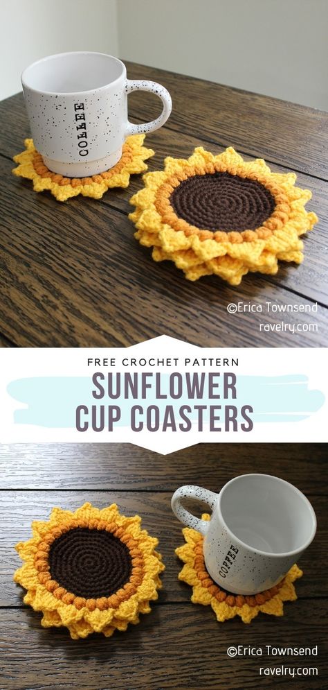 Sunflower Cup Coasters Crochet, Sunflower Cup Coasters, Crochet Sunflower Potholder, Sunflower Potholder Crochet, Crochet Fall Coasters Free Pattern, Crochet Sunflower Coasters Free Pattern, Sunflower Coasters Crochet Free Pattern, Crocheted Sunflower, Sunflower Cup